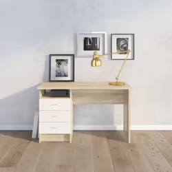 Bureau linéaire pratique et fonctionnel avec trois tiroirs avec guides métalliques, en chêne et couleur blanche. Parfait pour ...
