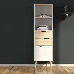 Dmora - Bibliothèque de style scandinave avec deux étagères, deux tiroirs et une porte, blanc et chêne, mesure 50 x 171 x 39 cm, avec emballage
