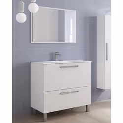 Dmora Meuble sous-vasque avec deux tiroirs et un miroir encadré blanc brillant 80 x 80 x 45 cm.