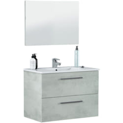 Dmora - Meuble de comptoir Inglewood, Meuble de salle de bain suspendu, Armoire avec 2 tiroirs et miroir, cm 80x45h57, Béton, avec emballage renforcé