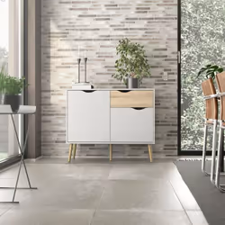 Buffet avec deux portes et un tiroir entièrement en blanc avec le détail d'un tiroir en chêne. Relevé du sol par cinq pieds c ...