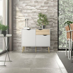 Buffet avec deux portes et un tiroir, blanc et chêne, Mesures 98 x 81 x 39 cm, avec emballage renforcé - Dmora