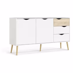 Buffet à deux portes et trois tiroirs, entièrement en blanc avec le détail d'un tiroir couleur chêne. Relevé du sol par cinq  ...