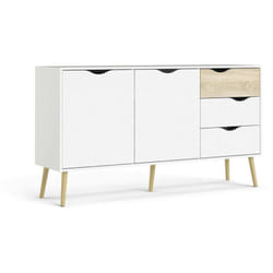 Dmora - Buffet avec deux portes et trois tiroirs, blanc et chêne, Dimensions 147 x 81 x 39 cm, avec emballage renforcé