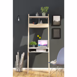 Bureau innovant développé en hauteur avec un plan de travail avec un compartiment ouvert, un tiroir et une étagère en partie  ...