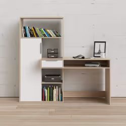Bureau polyvalent avec quatre étagères, un tiroir et une porte à trois compartiments intérieurs, la structure est en chêne, l ...