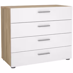 Commode à quatre tiroirs, couleur chêne et blanc brillant, 70 x 75,7 x 40,25 cm. Cette commode à quatre tiroirs est la soluti ...