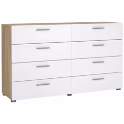 Buffet double, coloris chêne et blanc brillant, 140 x 82,9 x 40,35 cm. Cette commode à huit tiroirs est la solution optimale  ...