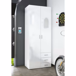 Armoire blanc brillant avec deux portes et trois tiroirs, 77,6 x 200,4 x 49,5 cm. Cette armoire à deux portes et trois tiroir ...
