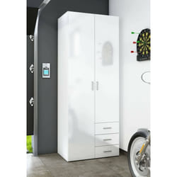 Armoire blanche brillante avec deux portes et trois tiroirs, 77,6 x 200,4 x 49,5 cm, avec emballage renforcé - Dmora