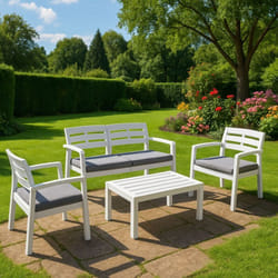 Set salon d'extérieur Massa, Salon de jardin avec 2 fauteuils, 1 canapé et 1 table basse, Salon intérieur et extérieur avec coussins, 100% Made in