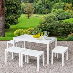 Set salon d'extérieur Sanremo, Ensemble de jardin avec 1 table rectangulaire et 4 bancs, Ensemble d'intérieur et d'extérieur pour Pic Nic, 100% Made