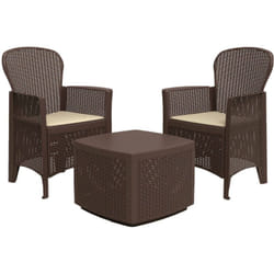 Set salon d'extérieur Napoli, Salon de jardin composé de 2 fauteuils et 1 table conteneur, Salon effet rotin, 100% Made in Italy, Marron, avec