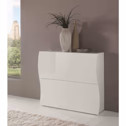 MODERN SHOE RACK: Meuble à chaussures moderne avec deux portes à rabat, la structure est blanche brillante et a des lignes on ...