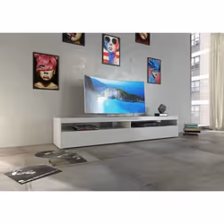 Dmora Meuble TV de salon Made in Italy Meuble TV avec 1 porte abattante et étagères cm 200x45h36 couleur blanc brillant