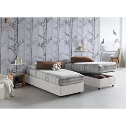 Lit simple DMORA Carla avec revêtement en tissu ouverture frontale adapté au matelas 90x200 cm - Blanc