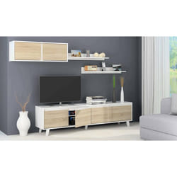 Dmora - Meuble mural Orlando 200x41h50 cm Blanc Chêne Panneau effet bois