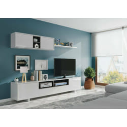 Dmora Paroi aménagée Hartford, Meuble télé pour le salon, Composition d'ensemble de salon, Ensemble de salon avec meuble haut, cm 260x41h46, Blanc