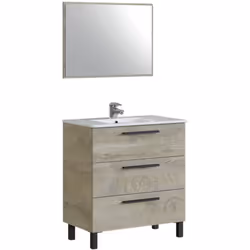 VANITY CABINET - Meuble de salle de bain, armoire avec 3 tiroirs et miroir, lavabo non inclus, 80x45h86 cm, Chène. STRUCTURE ...