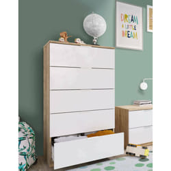 Dmora - Chariot à tiroirs Mesquite, Hebdomadaire avec 5 tiroirs, Commode pour chambre, Hebdomadaire moderne, cm 60x40h110, Chêne et Blanc, avec