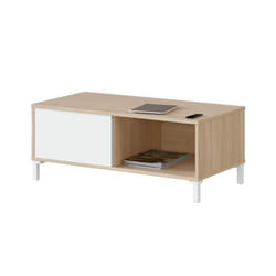 Table basse de salon DMORA - Blanc et chêne - Avec tiroir et compartiment jour - 100 x 40 x 50 cm