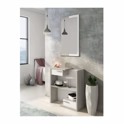 MOBILIER D'ENTREE - Meuble d'entrée structuré avec deux tiroirs blancs et deux étagères, - Entièrement de couleur béton et bl ...