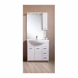Meuble de salle de bain à deux portes et trois tiroirs avec une unité murale sur le côté droit entièrement de couleur blanche ...