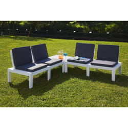 Set salon d'extérieur Vigevano, Salon de jardin avec 4 sièges avec dossier et 1 module multifonctionnel, Coin salon avec coussins, 100% Made in