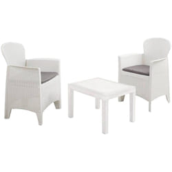 Set salon d'extérieur Foggia, Salon de jardin composé de 2 fauteuils et 1 table basse, Salon effet rotin avec coussins, 100% Made in Italy, Blanc,