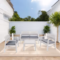 SET SALON D’EXTÉRIEUR CARPI - 1 canapé et 1 table basse, Salon effet rotin avec coussins, 100% Made in Italy, Blanc. STRUCTUR ...