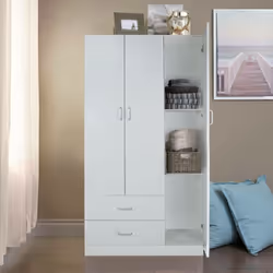 Armoire pratique et fonctionnelle avec trois portes battantes avec charnières en métal amorti et tringle à vêtements à l'inté ...