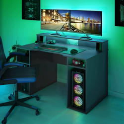 Dmora - Bureau Phoenix, Bureau moderne de Gaming, Table d'étude pour pc et porte-CD, Table d'étude avec étagères, cm 136x67h88, Anthracite, avec