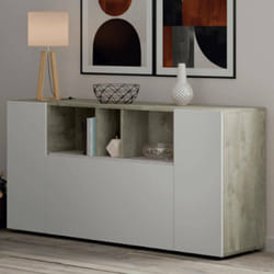 Buffet haut Paterson, Buffet moderne à 3 portes, Buffet de salon à compartiments, Buffet de salon, Meuble tv, cm 150x41h76, Blanc et Chêne, avec