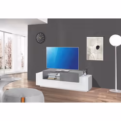 Dmora Meuble TV de salon Made in Italy Meuble TV avec 3 portes 160x45h51 cm couleur Blanc Brillant et Gris Ciment