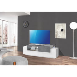 Dmora Meuble TV de salon Made in Italy Meuble TV avec 3 portes 160x45h51 cm couleur Blanc Brillant et Gris Ciment