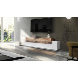 Dmora - Meuble tv de salon, Made in Italy, Meuble tv avec 3 portes et étagères, cm 200x45h52, Couleur blanc brillant et érable, avec emballage