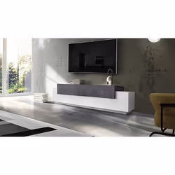 Dmora Meuble TV de salon Made in Italy Meuble TV avec 3 portes et étagères cm 200x45h52 couleur Blanc Brillant et Gris Frêne