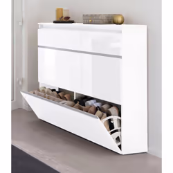 MODERN SHOE RACK: Meuble à chaussures moderne avec trois portes à rabat, la structure est blanche brillante et a des lignes g ...