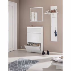 MODERN SHOE RACK: Meuble à chaussures moderne avec trois portes à rabat, la structure est blanche brillante et a des lignes g ...
