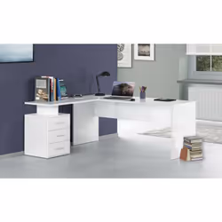 Description générale Bureau d'angle moderne avec trois tiroirs, entièrement en blanc brillant. Ce bureau fonctionnel et innov ...