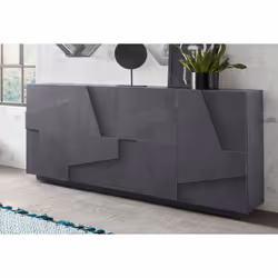 Description générale Buffet moderne et design, idéal comme meuble TV, avec quatre portes asymétriques en gris ardoise, apport ...