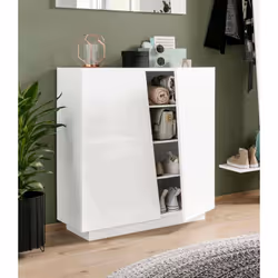 MODERN SHOE RACK: Meuble à chaussures moderne avec deux portes battantes, la structure est blanche brillante et a des lignes  ...