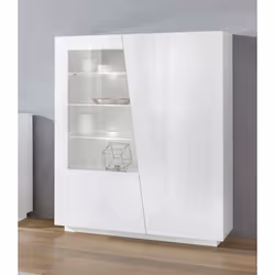 Description générale Vitrine décorative moderne avec deux portes battantes en verre et quatre étagères en verre trempé à l'in ...