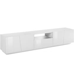 Meuble tv de salon, Made in Italy, Meuble tv avec 4 portes et 1 tiroir, 220x43h46 cm, couleur blanc brillant, avec lumière led blanche, avec