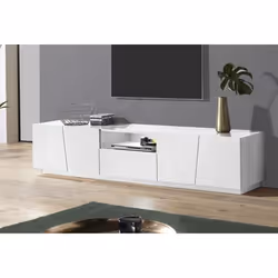 Dmora Meuble TV de salon Made in Italy Meuble TV avec 4 portes et 1 tiroir 220x43h46 cm couleur blanc brillant