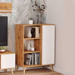 Buffet DMORA avec 1 porte et 2 étagères Blanc et Érable style scandinave