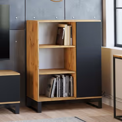 BUFFET MODERNE - Buffet de salon de style industriel avec une porte et deux étagères - couleur érable avec porte noire. STRUC ...