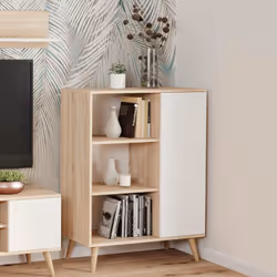 BUFFET SCANDI - Buffet de salon de style scandinave avec une porte et deux étagères - Couleur chêne avec porte blanche et pie ...