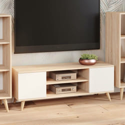 Dmora Meuble TV avec 2 portes et 1 étagère centrale, Buffet avec pieds, Buffet de salon style scandinave, 155x40h50 cm, coloris Blanc et Chêne, avec