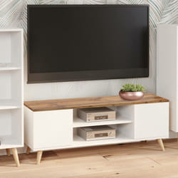 Dmora Meuble TV avec 2 portes et 1 étagère centrale, Buffet avec pieds, Buffet de salon style scandinave, cm 155x40h49, Couleur Blanc et plateau